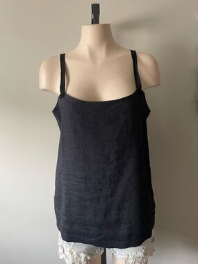 Theory Black Linen Scoop-Neck Tank with Adjustable Straps